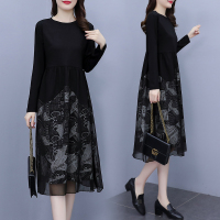 魅言魅语(MeiYanMeiYu)大码连衣裙女2021年秋季新款洋气高贵拼接网纱显瘦遮肚减龄裙