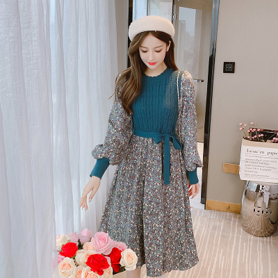 魅言魅语(MeiYanMeiYu)2021年冬季新款印花拼接针织复古长袖连衣裙