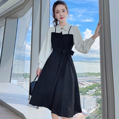 魅言魅语(MeiYanMeiYu)2021秋装新款假两件吊带长袖法式显瘦赫本风小个子连衣裙女