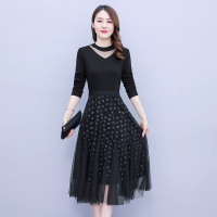 魅言魅语(MeiYanMeiYu)轻熟长袖连衣裙女2021年秋季女装时尚气质针织网纱黑色裙子