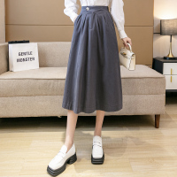 魅言魅语(MeiYanMeiYu)黑色半身裙女装2021秋季新款中长款高腰单扣A字裙百褶裙