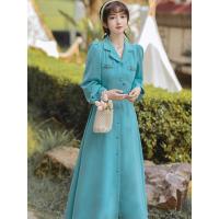 魅言魅语(MeiYanMeiYu)2021年秋季新款蓝色海岸法式复古长袖A字连衣裙配腰带