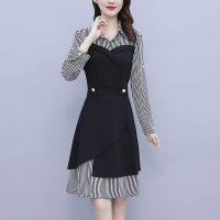 魅言魅语(MeiYanMeiYu)2021秋季胖mm条纹拼接中长款连衣裙女