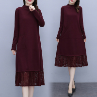 魅言魅语(MeiYanMeiYu)大码女装2021年秋装新款文艺气质针织蕾丝拼接中长款纯色裙女