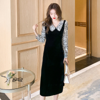 魅言魅语(MeiYanMeiYu)2021年秋季法式气质娃娃领收腰显瘦后开叉豹纹拼接袖连衣裙