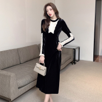 魅言魅语(MeiYanMeiYu)2021年秋季新款法式复古小黑裙高领蕾丝拼接中长款连衣裙