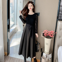 魅言魅语(MeiYanMeiYu)2021年秋季新款黑色蕾丝假两件收腰气质腰带修身高腰a字连衣裙