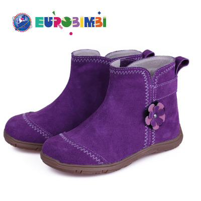 EUROBIMBI 欧洲宝贝毛绒短靴女童紫色防滑底防撞头全羊皮小花