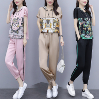 与牧2020夏新款连帽印花醋酸上衣束脚裤套装8037