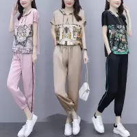 与牧2020夏新款连帽印花醋酸上衣束脚裤套装8037