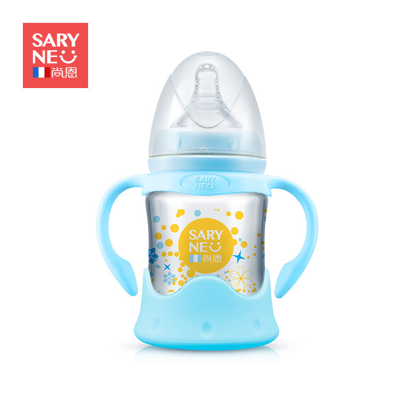 法国尚恩婴儿宽口径新生儿童晶钻带胶套防摔玻璃奶瓶125ML-蓝色