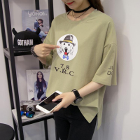 2016韩版新款卡通印花短袖t恤下摆开叉前短后长上衣女打底衫潮