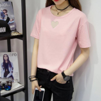 2016韩范新款夏装学生圆领拼接网纱镂空短袖大码简约纯色宽松t恤衫女潮