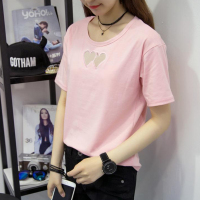 2016夏季韩版现款拼接爱心网纱短袖t恤女简约纯色半袖大码上衣