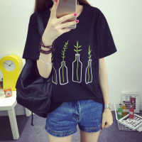 2016韩版夏季瓶子刺绣学生圆领短袖t恤宽松大码显瘦姐妹装潮
