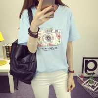 2016韩版夏季新款女装照相机印花短袖T恤学院风宽松显瘦大码圆领闺蜜装