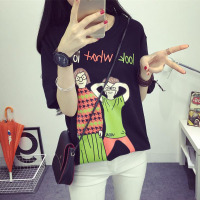 2016韩版夏季学院风卡通人物印花下摆开叉短袖t恤简约圆领上衣潮