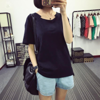 韩版夏季女装竹节棉下摆开叉纯色学生短袖t恤简约时尚圆领打底衫潮