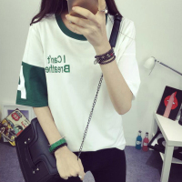 2016新款韩版潮拼色刺绣短袖T恤女学院风学生圆领大码宽松上衣服