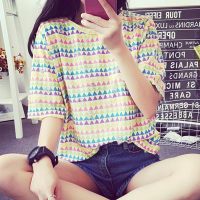 2016名族风女装破洞小三角形彩色半袖上衣短袖T恤潮大码宽松显瘦夏装