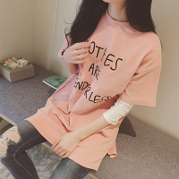 夏季打底衫印花字母韩版中长款T恤大码短袖上衣学生简约圆领下摆开叉女装潮