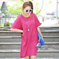 时尚大码宽松长款短袖T恤衫女韩范纯色简约学生圆领前短后长女装上衣服