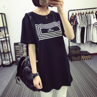 2016夏季新款女装韩版中长款方块印花短袖t恤学生圆领宽松大码显瘦打底衫潮