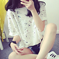 夏季新款女装彩色喷墨破洞大版前短后长短袖t恤学生休闲圆领大码打底衫时尚显瘦上衣服