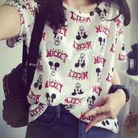 夏季新款韩版女装破洞米奇印花短袖T恤宽松大码圆领显瘦上衣女装潮