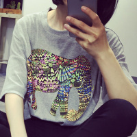 韩版复古大象印花宽松显瘦纯棉圆领短袖T恤学生大码打底衫潮夏装女装