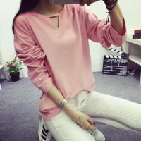 2016韩版秋冬女装小三角形镂空纯色简约百搭学生长袖T恤女打底衫