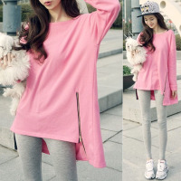 秋季韩版女装宽松中长款不规则双拉链卫衣女潮学生大码圆领显瘦长袖t恤