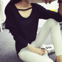 秋季女装韩版个性镂空开叉长袖T恤女纯色打底衫学院风宽松大码圆领姐妹装潮