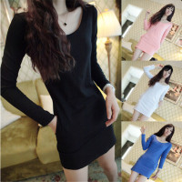 秋装新款女装学院风口袋多色大码显瘦打底T恤连衣裙时尚休闲上衣服