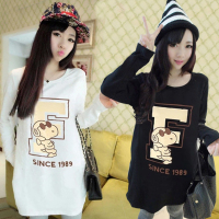 秋装新款韩版大码女装口袋中长款卡通印花长袖T恤