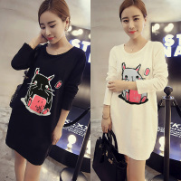 新款早秋女装学生大码卡通印花口袋中长款长袖T恤套头圆领打底衫潮