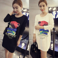早秋女装学院风宽松圆领卡通印花口袋打底衫潮显瘦大码中长款长袖T恤