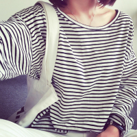 2016宽松大码学生条纹圆领打底衫潮时尚显瘦长袖t恤秋季韩版闺蜜装