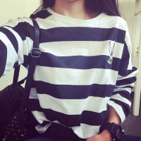 秋季韩版大码宽松刺绣兔子条纹衫学生圆领长袖T恤休闲显瘦学生打底衫潮