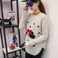 2016韩版秋冬装学院风中长款毛衣针织衫女装卡通印花长袖t恤女宽松百搭打底衫潮