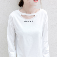 2016秋冬韩版女装韩版字母印花长袖打底衫镂空圆领T恤宽松大码打底衫潮