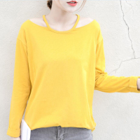 韩版学院风简约纯色个性吊带露肩长袖打底衫宽松大码圆领女T恤秋季女装上衣潮