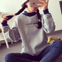 韩版加绒加厚刺绣字母插色卫衣学院风宽松大码新款女装上衣潮绒衫t恤姐妹装