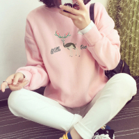 韩版女装刺绣小鹿加绒加厚卫衣潮秋冬季新款宽松大码学生圆领绒衫t恤潮姐妹装