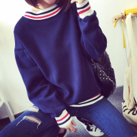 秋冬季宽松大码女装新款韩版学院风加绒加厚套头圆领条纹卫衣绒衫t恤潮
