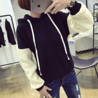 学生个性拼接撞色加绒加厚连帽套头卫衣简约大码宽松女装上衣潮秋冬装韩版绒衫