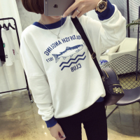 韩版学院风秋冬装新款卡通印花圆领薄款卫衣百搭拼色套头长袖上衣t恤大码宽松打底衫