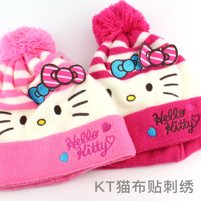 女童帽子冬季 Hello Kitty韩版儿童保暖双层针织帽宝宝加厚防寒帽子