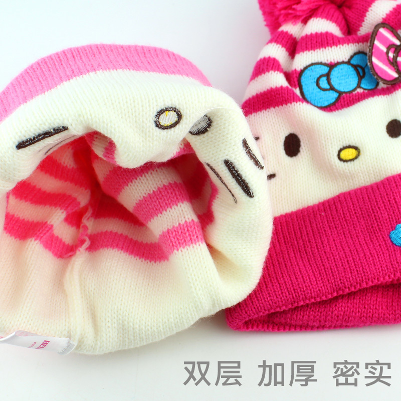 女童帽子冬季 Hello Kitty韩版儿童保暖双层针织帽宝宝加厚防寒帽子