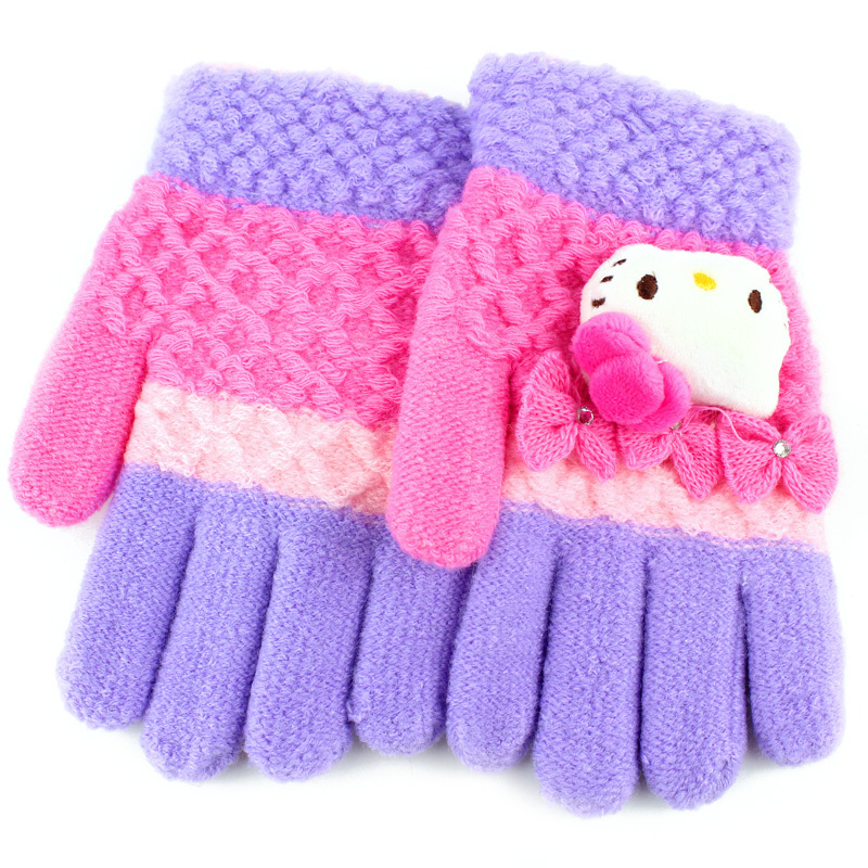 Hellokitty女童手套冬保暖小孩五指手套公主儿童宝宝毛线针织手套